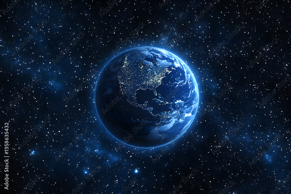 宇宙空間に浮かぶ地球。北米大陸を中心とした美しい地球の夜景 宇宙空間に浮かぶ地球。北米大陸を中心とした美しい地球の夜景