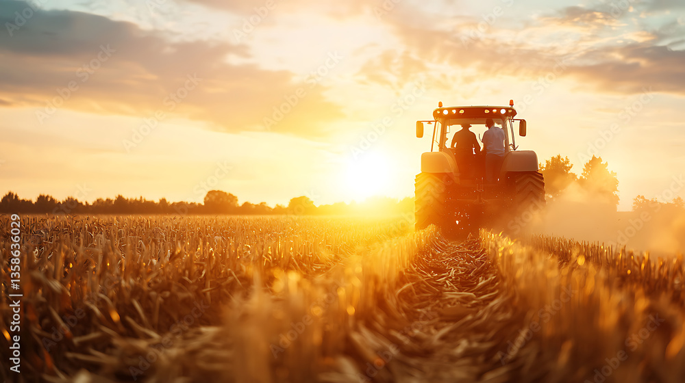 Fototapeta premium Tractor harvesting wheat at sunset in a rural field agricultural landscape serene environment wide-angle view