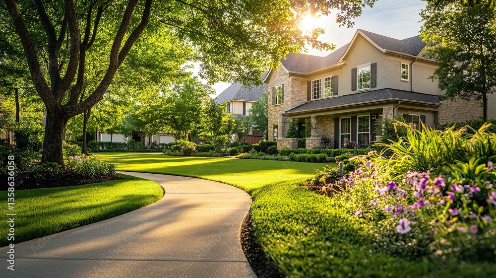 Fototapeta premium A luxurious three-story house in Dallas, Texas, showcasing a well-maintained front yard with expansive green grass and shady trees, located in a prestigious neighborhood.