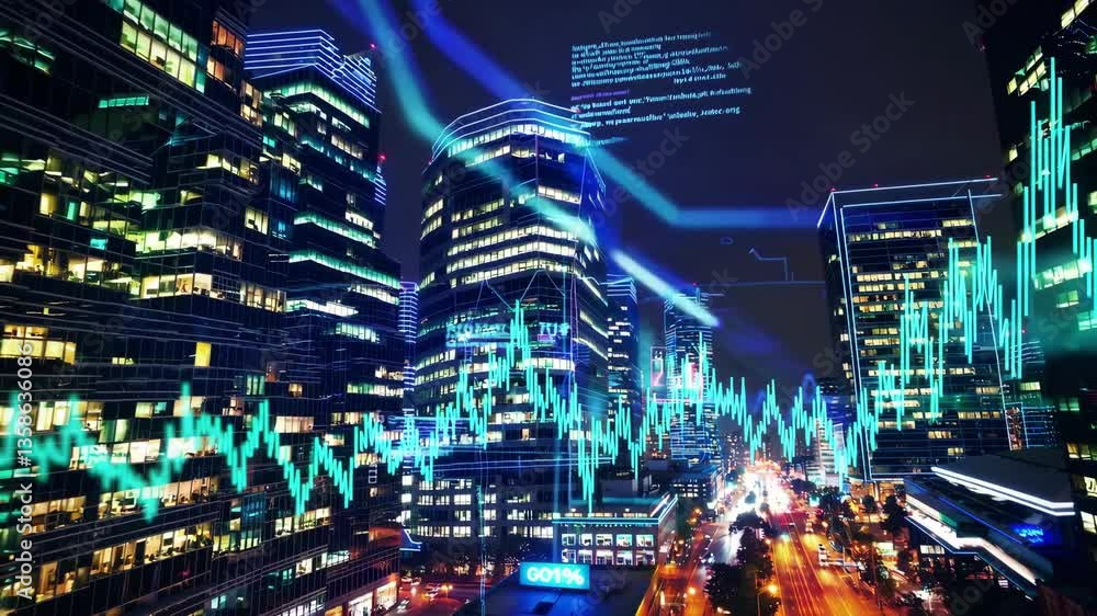 Nighttime urban landscape showcasing digital data visualization over city skyline Nighttime urban landscape showcasing digital data visualization over city skyline