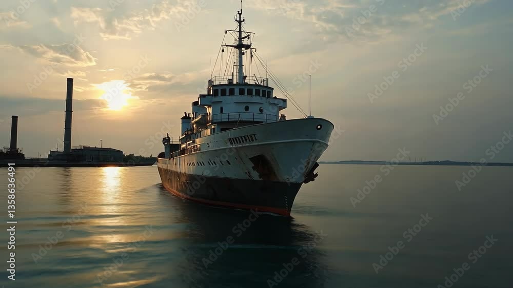 Ship sailing on calm waters during sunset with industrial backdrop in background Ship sailing on calm waters during sunset with industrial backdrop in background
