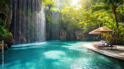 Serene Tropical Waterfall Pool Surrounded by Lush Greenery and Sunlight