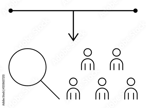 Network line with downward arrow magnifying glass, group of six figures. Ideal for business strategy, team focus, prioritization, leadership, specialization, analysis, organization. Line metaphor