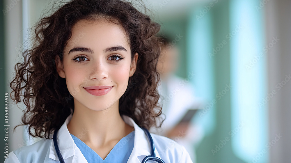 Confident Young Healthcare Professional Smiling in Hospital Environment with Stethoscope Around Neck Confident Young Healthcare Professional Smiling in Hospital Environment with Stethoscope Around Neck