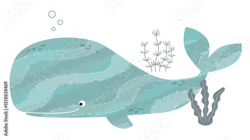 Banner vector sperm whale, big whale, painted abstract background. Decorative banner in flat style with marine fauna.