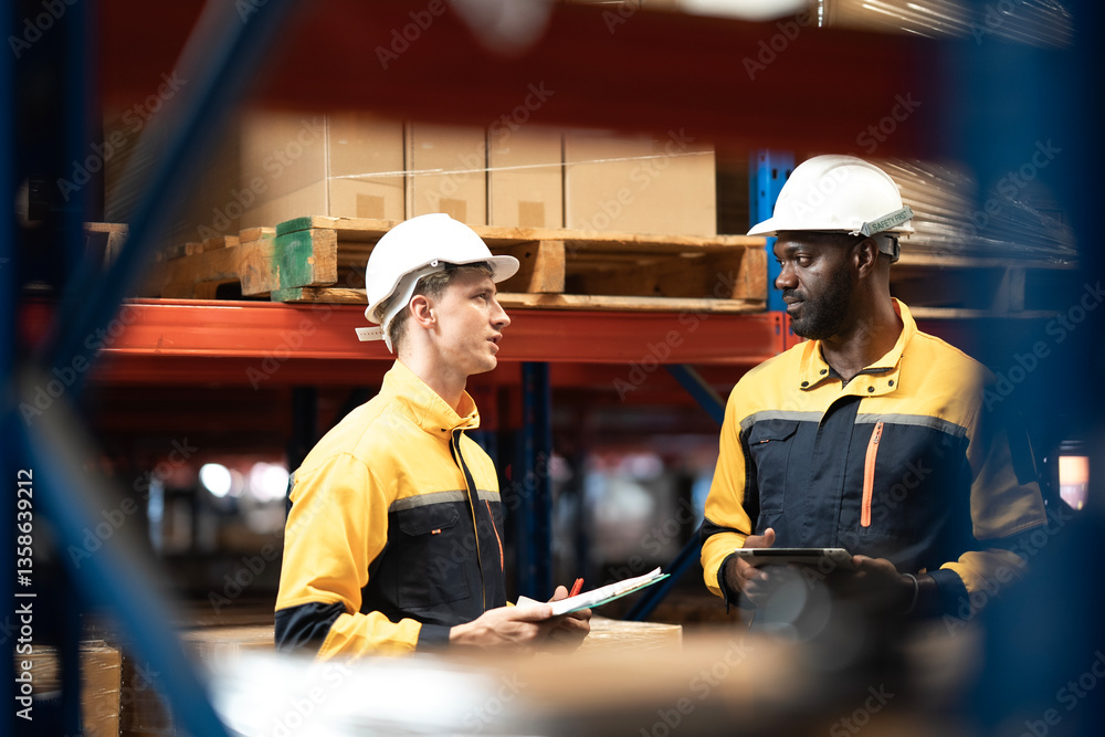 Fototapeta premium White and African American employee holding card board and tablet, having conversation working in warehouse, worker in yellow collar pointing and looking at product on shelf in logistic industry.