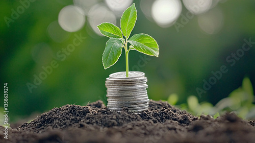 Growing Investment Sprout Emerging from Stacked Coins in Rich Soil Symbolizing Financial Growth