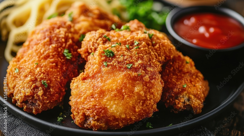 A close-up of fried chicken drumsticks with a crunchy golden coating, served with dipping sauces. A close-up of fried chicken drumsticks with a crunchy golden coating, served with dipping sauces.