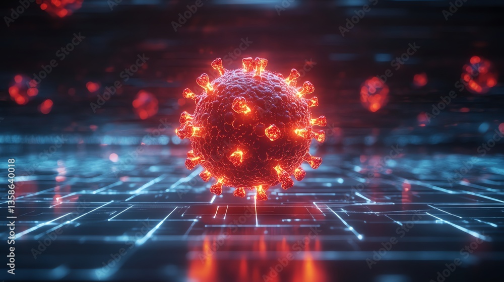 Obraz premium Glowing Coronavirus Cell on Digital Circuit Board Background