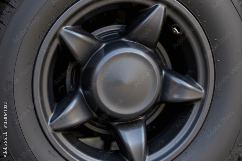 Close-Up of a Black Alloy Wheel with Unique Star-Shaped Design, Showcasing Its Design and Texture for Automotive Enthusiasts and Car Modifiers Close-Up of a Black Alloy Wheel with Unique Star-Shaped Design, Showcasing Its Design and Texture for Automotive Enthusiasts and Car Modifiers