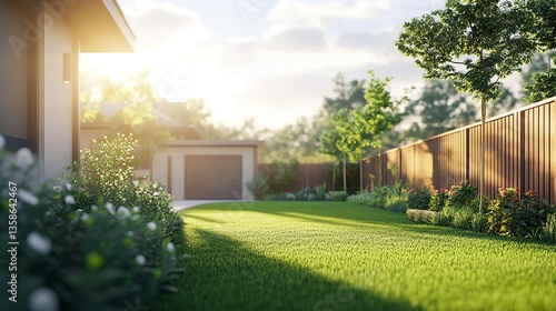 Wallpaper Mural A modern suburban house with a manicured green lawn, a side garage, and a wooden fence, sunlight streaming across the yard.  Torontodigital.ca