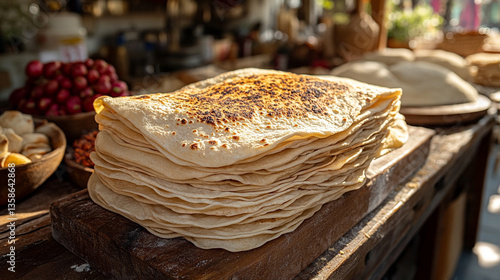 Close-up of traditional lavash bread stacked neatly with light charring. The thin, airy texture and toasty spots highlight its simplicity, ideal for wraps or as a side in modern cuisine.

