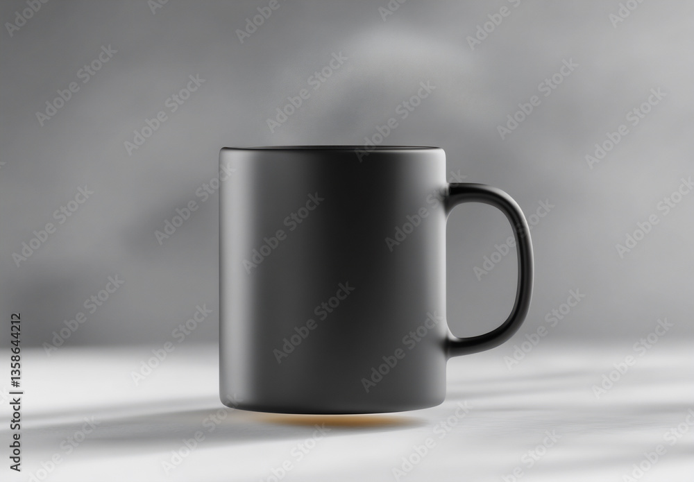 Obraz premium 3d render mockup of a black mug flying on a white background. minimal design, mug with a handle and base, simple shape, minimalism. isolated scene,