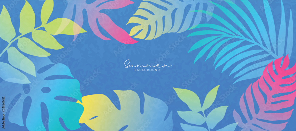 Obraz premium Spring and Summer season gradient botanical art background vector. Natural design with cute flowers, leaves, branches. Illustration design for fabric, print, cover, banner, wallpaper.
