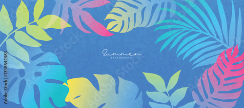 Spring and Summer season gradient botanical art background vector. Natural design with cute flowers, leaves, branches. Illustration design for fabric, print, cover, banner, wallpaper.