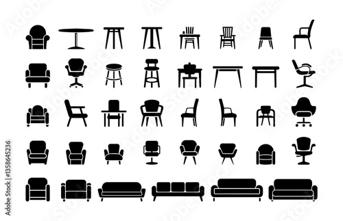 furniture icons set. Collection of Black Silhouette Furniture Icons Including Chairs, Tables, and Sofas.