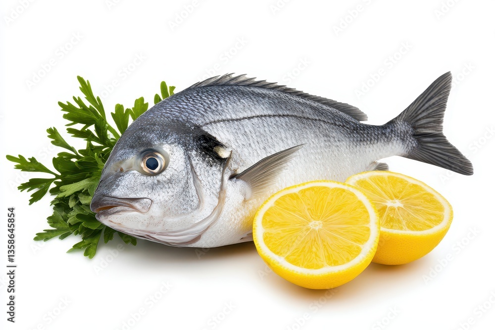 Freshly Caught Fish Garnished with Lemon and Green Herbs on a White Background Freshly Caught Fish Garnished with Lemon and Green Herbs on a White Background