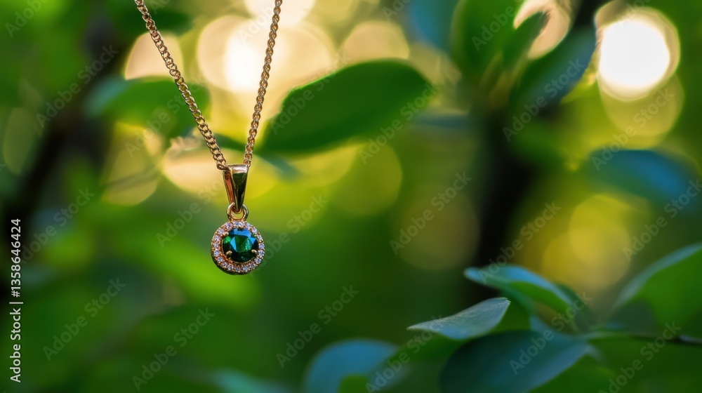 Fototapeta premium A luxurious emerald solitaire pendant displayed against a rich forest-green background.