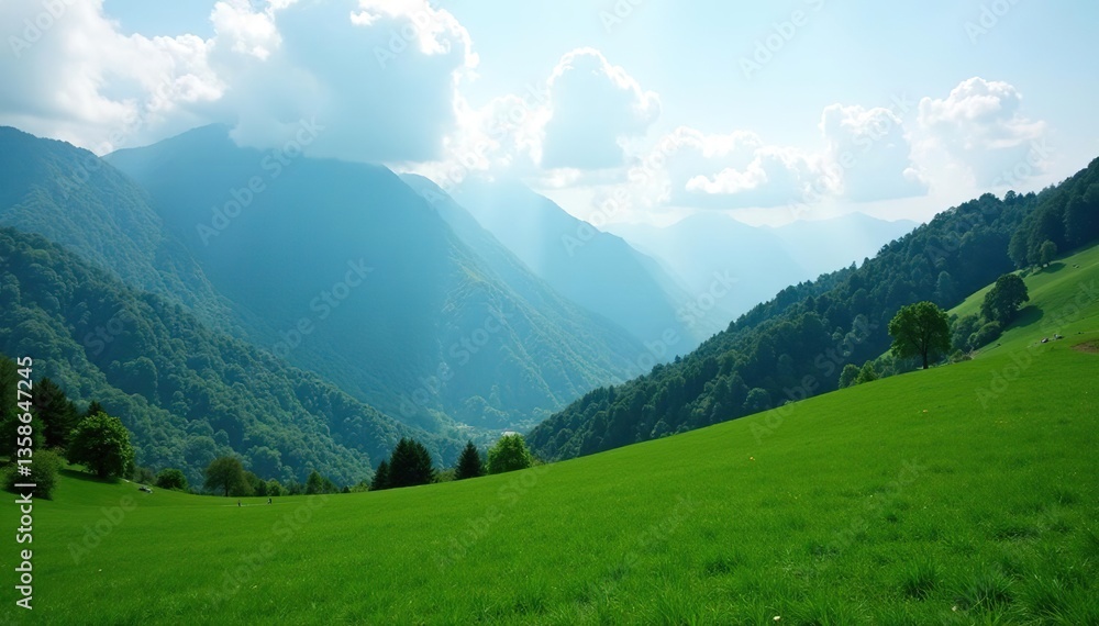 Fototapeta premium Lush green mountain landscape with misty clouds in the sky, beauty, misty clouds
