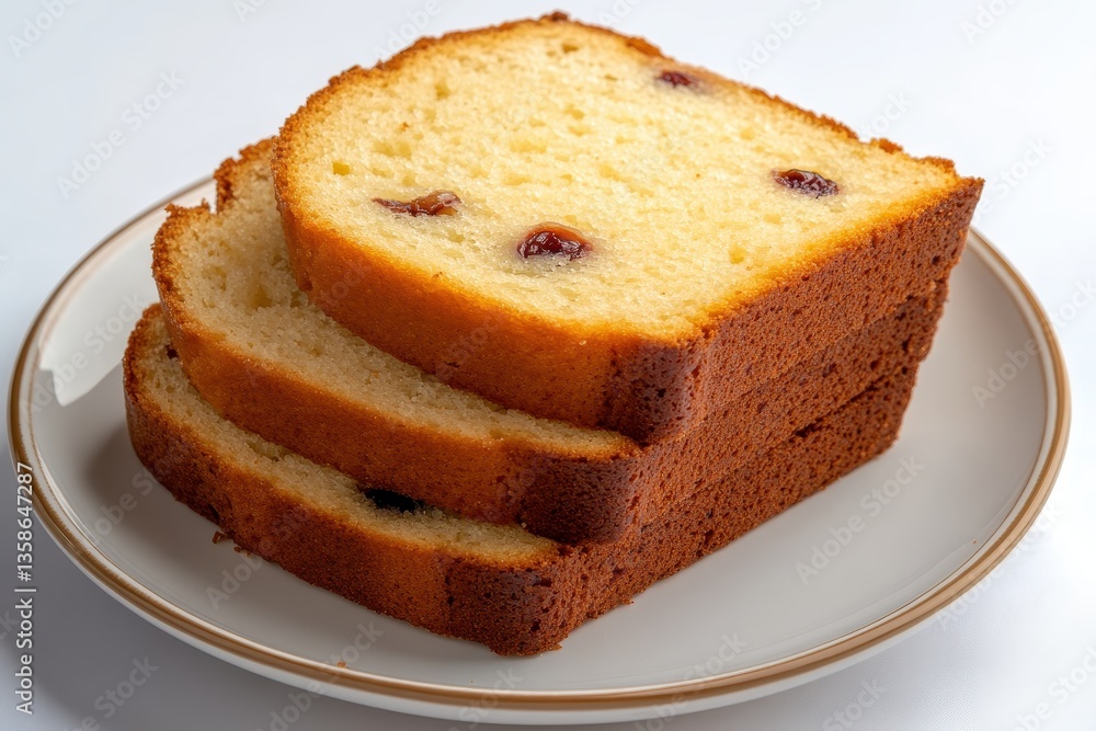 Freshly Baked Vanilla Cake Slices with Raisins on a White Plate Ready for Enjoyment Freshly Baked Vanilla Cake Slices with Raisins on a White Plate Ready for Enjoyment