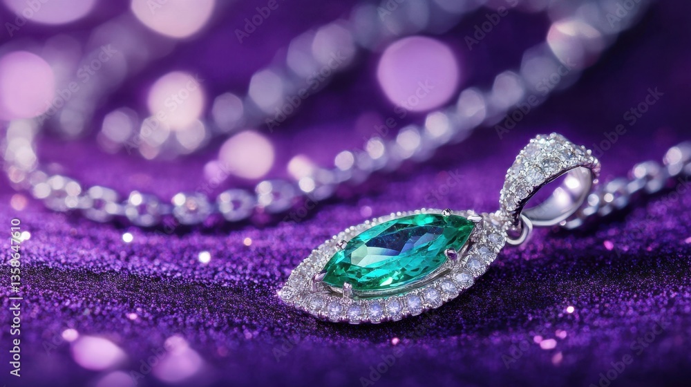 A marquise-cut emerald pendant glowing against a luxurious plum purple background. A marquise-cut emerald pendant glowing against a luxurious plum purple background.