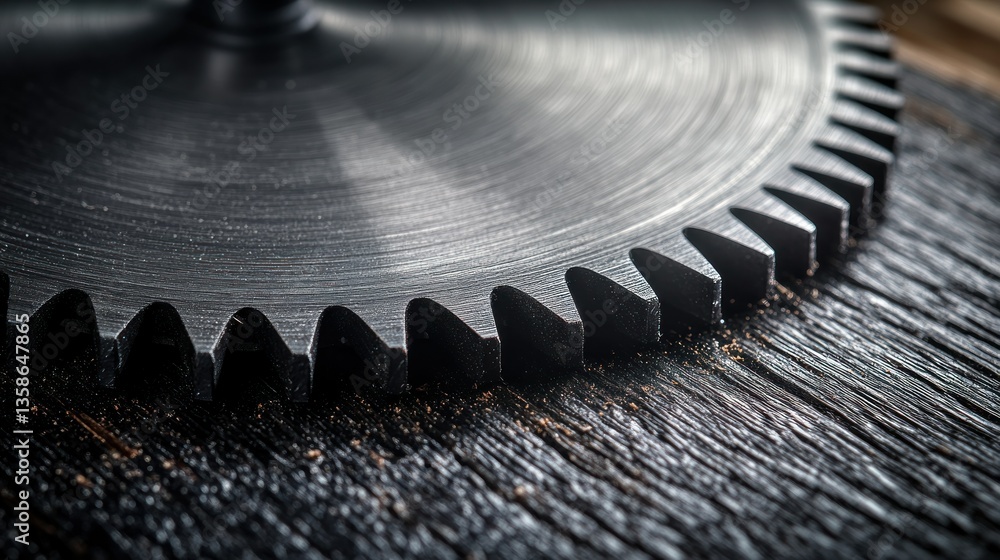 Close-up of a sharp saw blade on wooden surface Close-up of a sharp saw blade on wooden surface