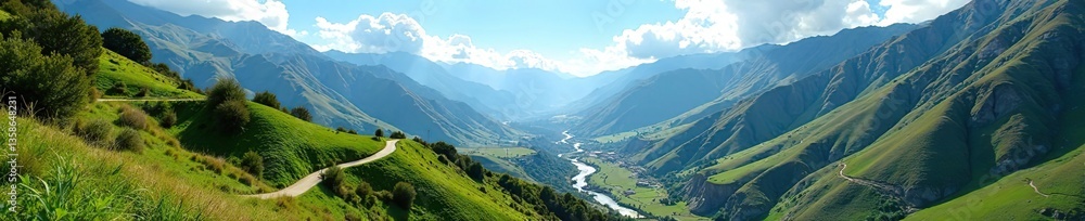 Lush green valleys with winding rivers and towering mountains under a clear blue sky in the Sacred Valley of Cusco, Peru, nature, adventure Lush green valleys with winding rivers and towering mountains under a clear blue sky in the Sacred Valley of Cusco, Peru, nature, adventure