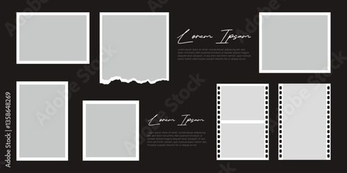 Elegant and modern poster frame template with aesthetic collage elements including torn paper, film strips, and square frames.