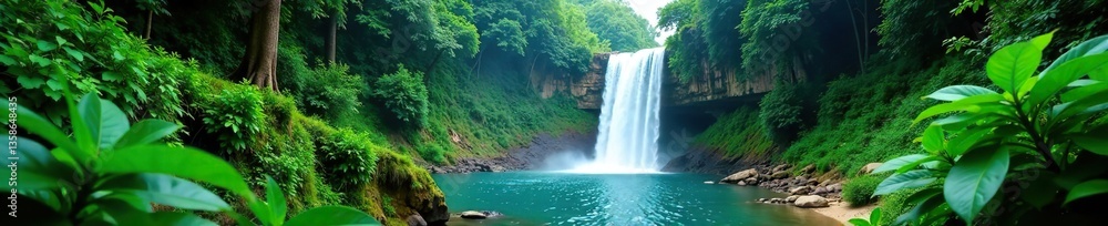 Fototapeta premium Lush green vegetation surrounding a magnificent cascading waterfall in a pristine deep forest setting in Thailand, paradise, green