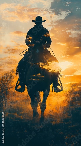 Cowboy riding horse at sunset.