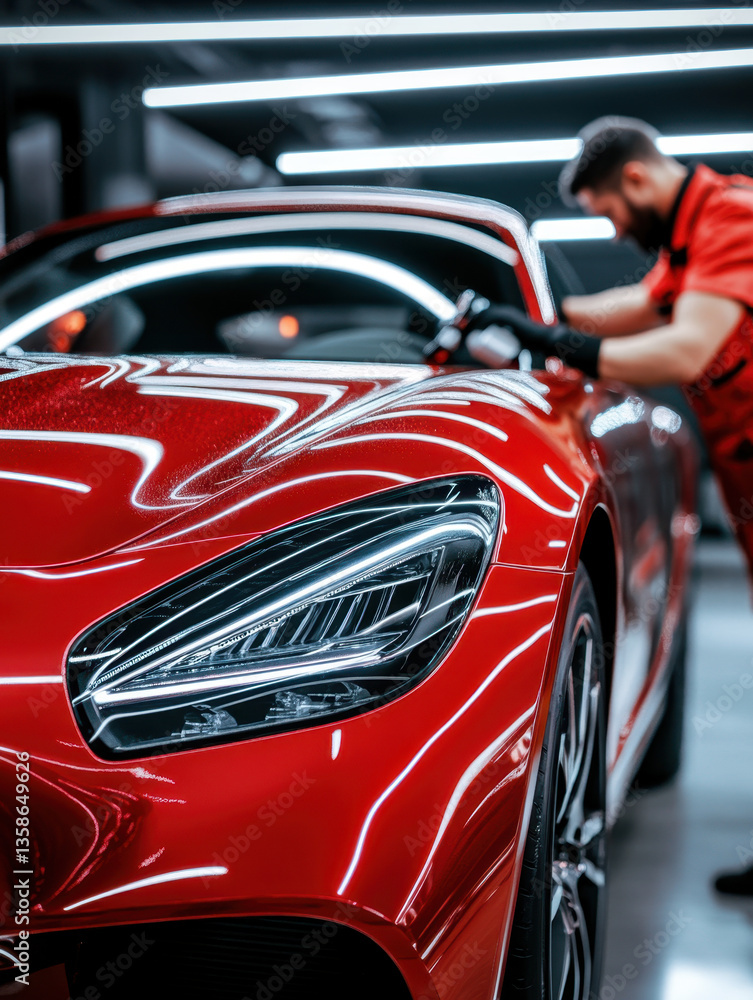 A mechanic polishing the exterior of a luxury car A mechanic polishing the exterior of a luxury car