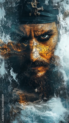 A fierce pirate with dramatic ocean backdrop.