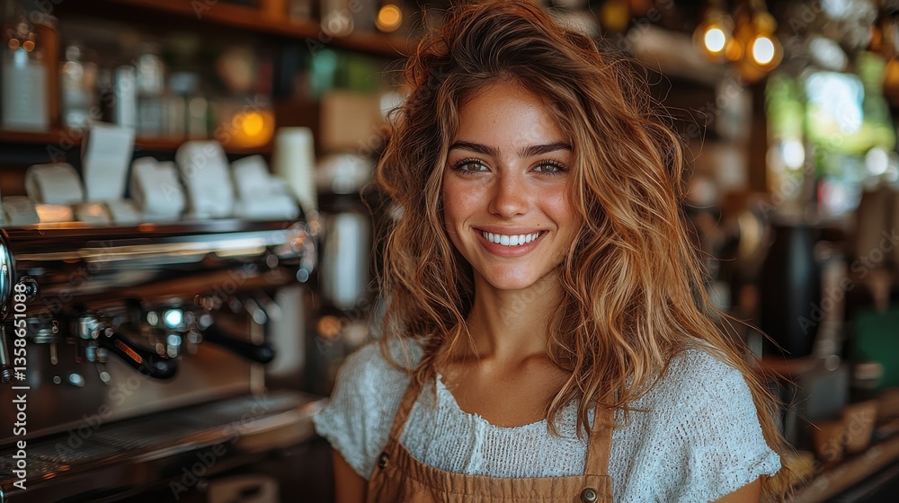 Cheerful and Attractive Woman Smiling Brightly in a Warm Inviting Cafe Setting with Natural Lighting and Cozy Ambiance Cheerful and Attractive Woman Smiling Brightly in a Warm Inviting Cafe Setting with Natural Lighting and Cozy Ambiance