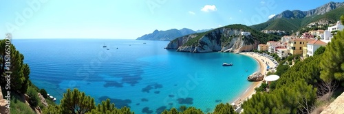 Panoramic view of Mallorca's Cala Fornells coastline overlooking the crystal clear Mediterranean Sea, with lush greenery and colorful buildings,  sunny,  Cala Fornells
