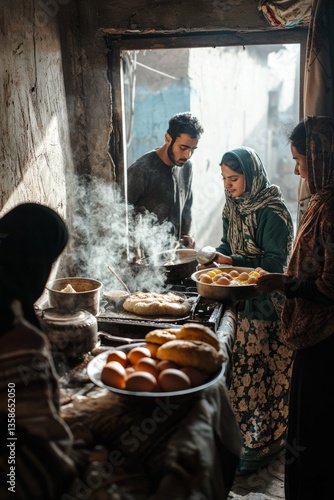 Wallpaper Mural A group of friends gathers in a small kitchen, cooking eggs and brewing tea for suhoor. The smell of warm bread fills the air as they prepare to eat Torontodigital.ca