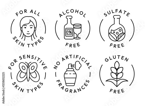 Eco cosmetics icon. Organic natural products alcohol, paraben and gluten free line icons for packaging. Stamps and badges vector set. Non toxic, no animal testing, for all skin types