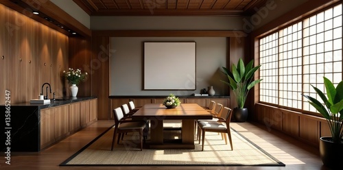 Fototapeta Naklejka Na Ścianę i Meble -  Luxurious oriental dining room with black marble countertop, wood paneling, brown dining table, shoji window sunlight,  oriental,  black marble