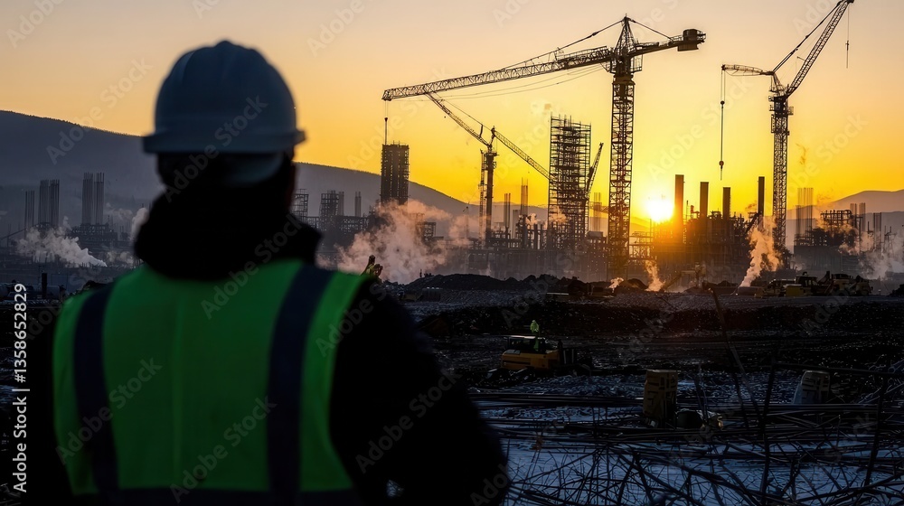 Construction worker in safety vest standing on a construction site observing the cityscape with cranes and skyscrapers in the background during a breathtaking sunrise or sunset Construction worker in safety vest standing on a construction site observing the cityscape with cranes and skyscrapers in the background during a breathtaking sunrise or sunset
