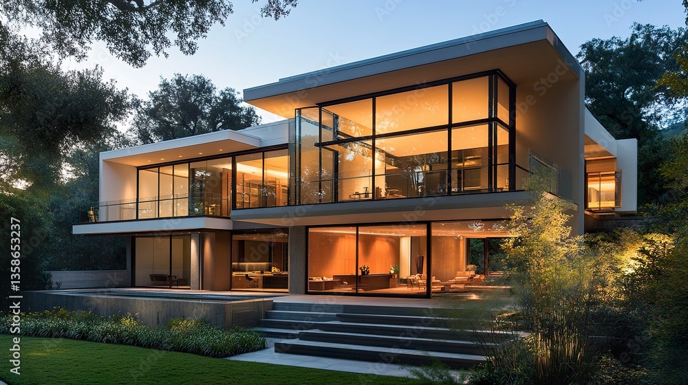 Fototapeta premium A sophisticated two-story contemporary house with a minimalist design, featuring a glass-walled balcony and subtle sunlight highlighting its elegance. 