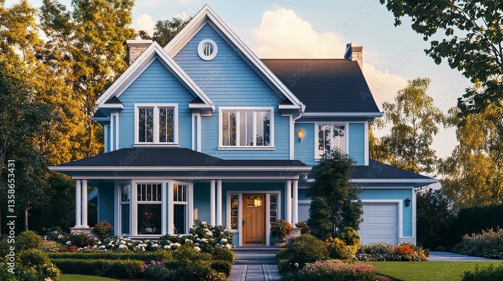 A spacious single-family home featuring light blue exterior walls, minimalist architecture, and a clean, modern design that emphasizes elegance and comfort. A spacious single-family home featuring light blue exterior walls, minimalist architecture, and a clean, modern design that emphasizes elegance and comfort.