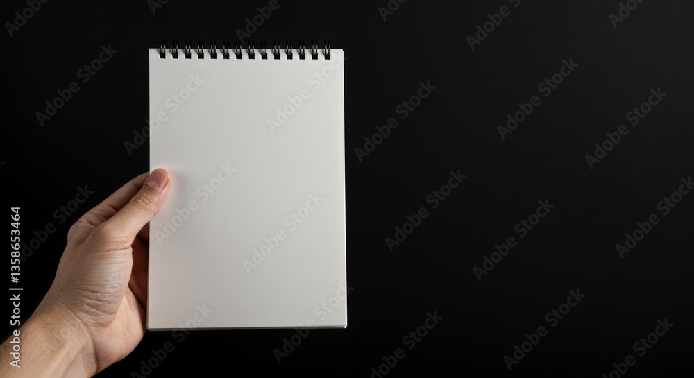 Obraz premium Blank spiral notebook held in hand.
