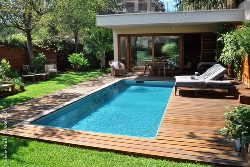 Wallpaper Mural A turquoise pool sits in a lush backyard, with a chaise lounge and deck. Use in travel brochures to evoke relaxation and luxurious vacation rentals. Torontodigital.ca