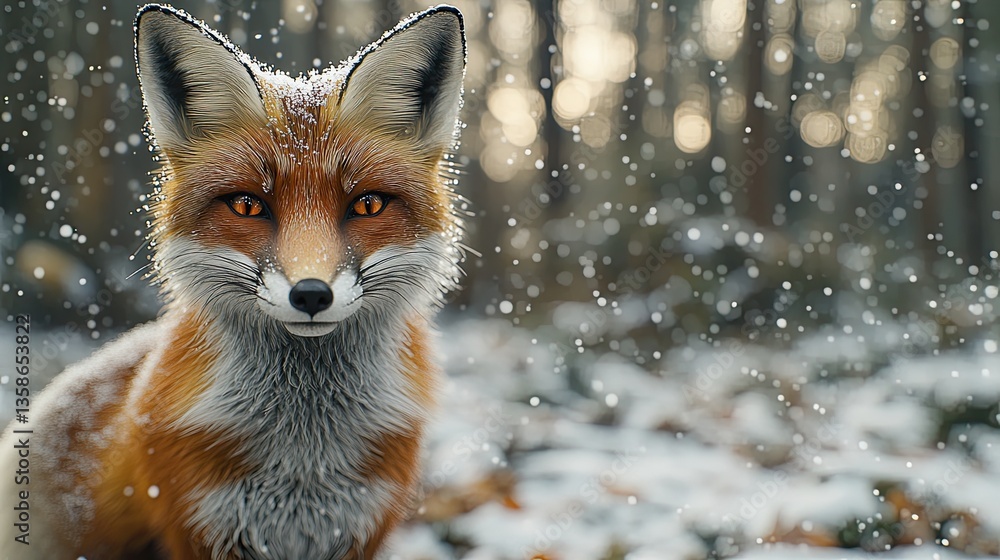 Obraz premium A beautiful red fox observing in a snowy winter forest
