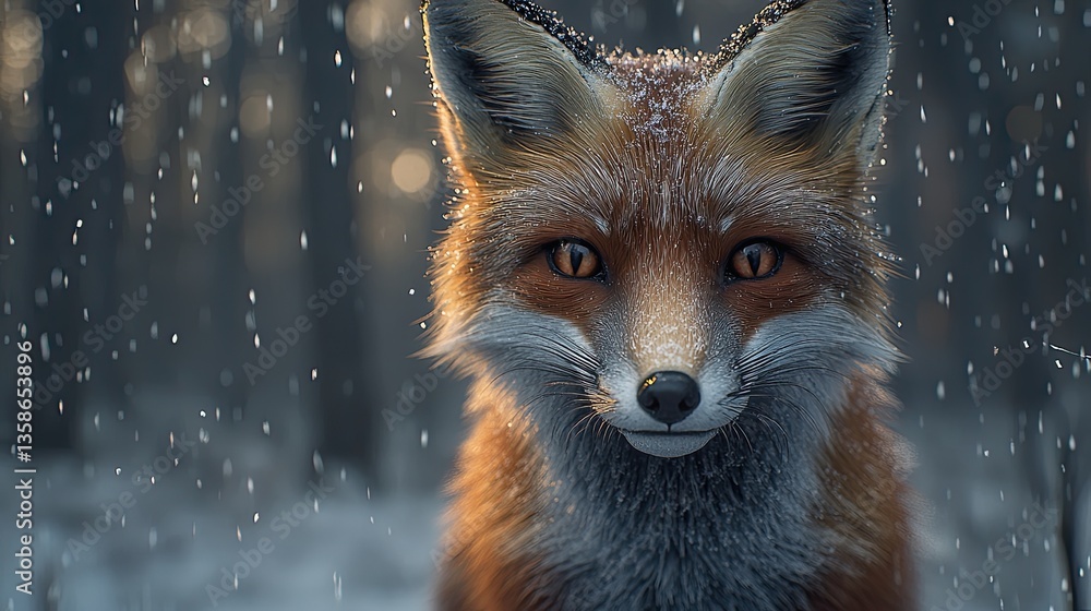 Obraz premium A beautiful fox looking directly at the viewer in winter weather