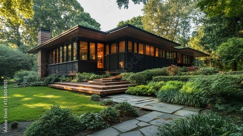 A striking modern cubic home with warm wooden cladding and sharp black panel walls, complemented by lush greenery and a polished stone walkway in the front yard 