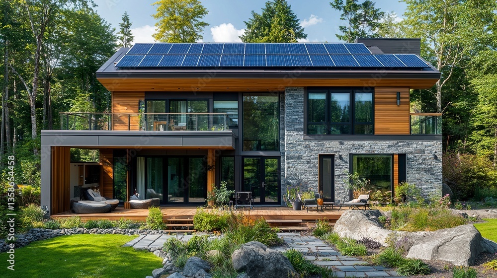 A striking modern house with solar panels, wood and stone accents, and abundant greenery, emphasizing energy efficiency and environmental harmony. A striking modern house with solar panels, wood and stone accents, and abundant greenery, emphasizing energy efficiency and environmental harmony.