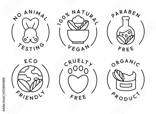 Eco cosmetics icon. Organic natural products alcohol, paraben and gluten free line icons for packaging. Stamps and badges vector set. Non toxic, no animal testing, for all skin types