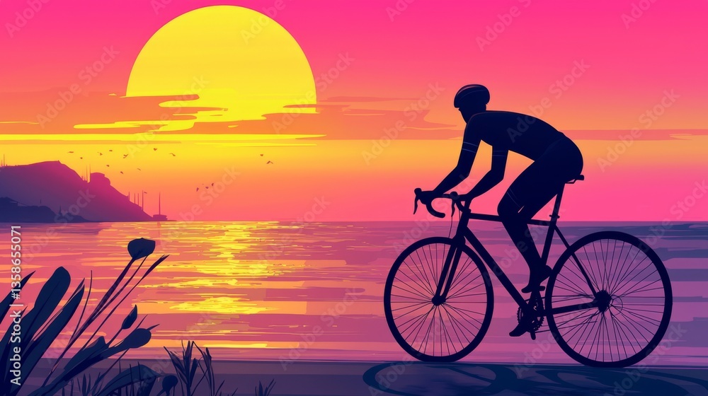 Fototapeta premium Silhouette of a Cyclist Against a Vibrant Sunset Over a Calm Ocean with Gentle Waves and Lush Coastal Vegetation