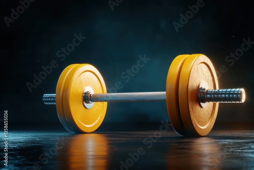 Vibrant Yellow Dumbbell Against Dark Background with Dramatic Lighting Effects