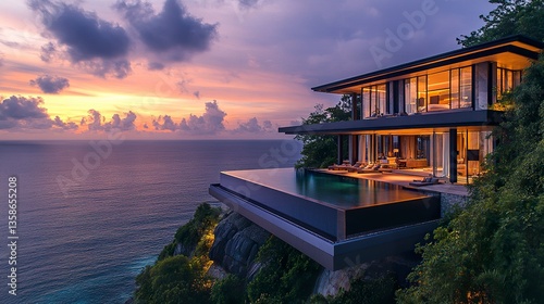 A stunning modern house perched above the ocean, its infinity pool glowing under the soft golden light of sunset, blending with the sky and sea. 
